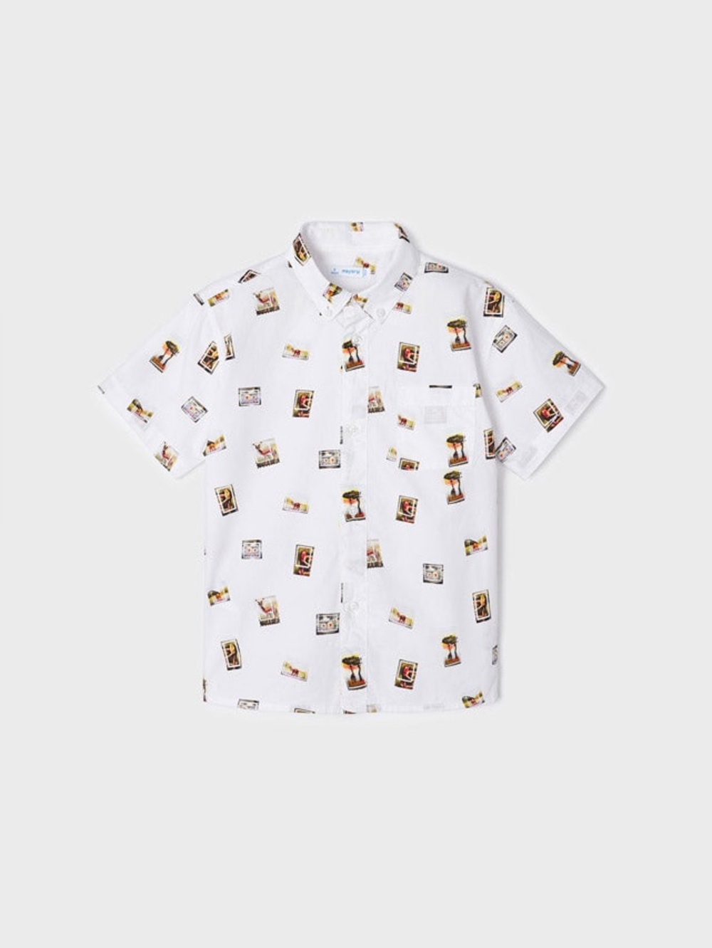 Size 3T Mayoral White Short-Sleeve Button-Down Shirt with Travel Print